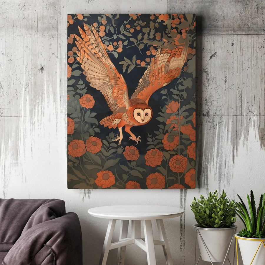 Barn Owl Wall Art Canvas | Art Nouveau Floral Bird Print | Premium Gallery-Wrapped Decor | Nature Lover Gift for Living Room