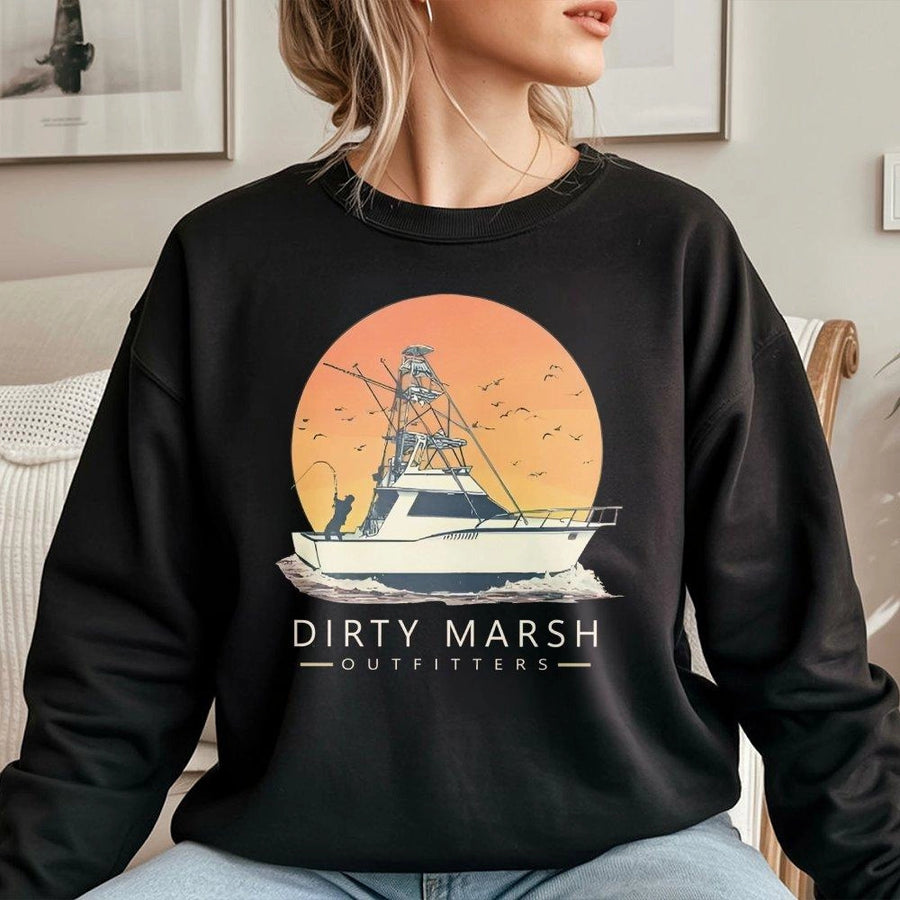 Offshore Fishing Sweatshirt | Sunset Boat Graphic Coastal Apparel | Cotton Blend Crewneck | Gift for Saltwater Angler & Boat Captain
