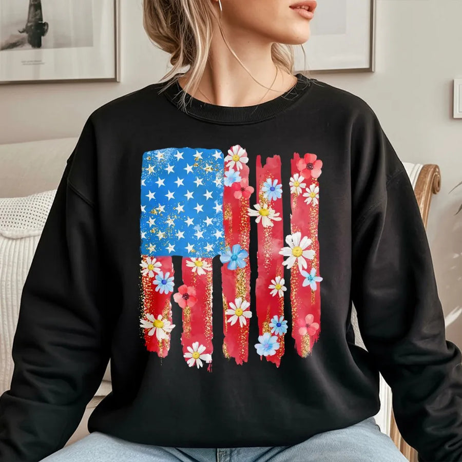 Floral American Flag Sweatshirt | Retro Watercolor USA Flag Design | Premium Cotton Blend | Patriotic Fourth of July Gift for Women