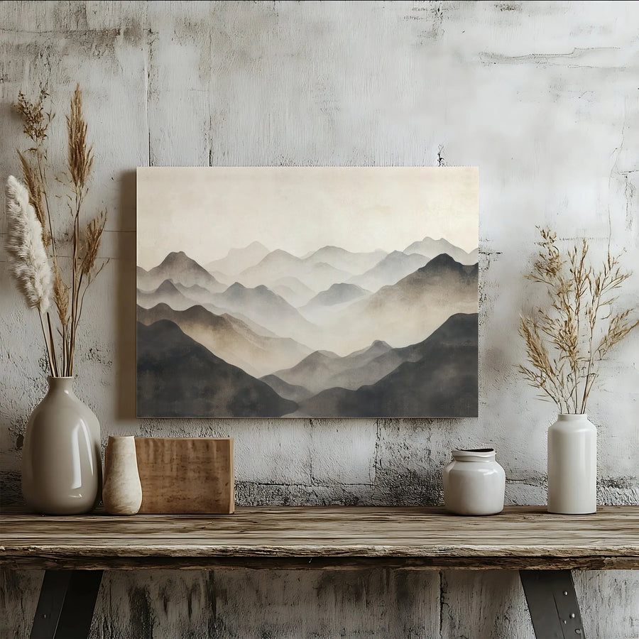 Misty Mountain Landscape Canvas | Minimalist Neutral Nature Wall Art | 1.25-Inch Gallery Wrap | Modern Home Office Decor