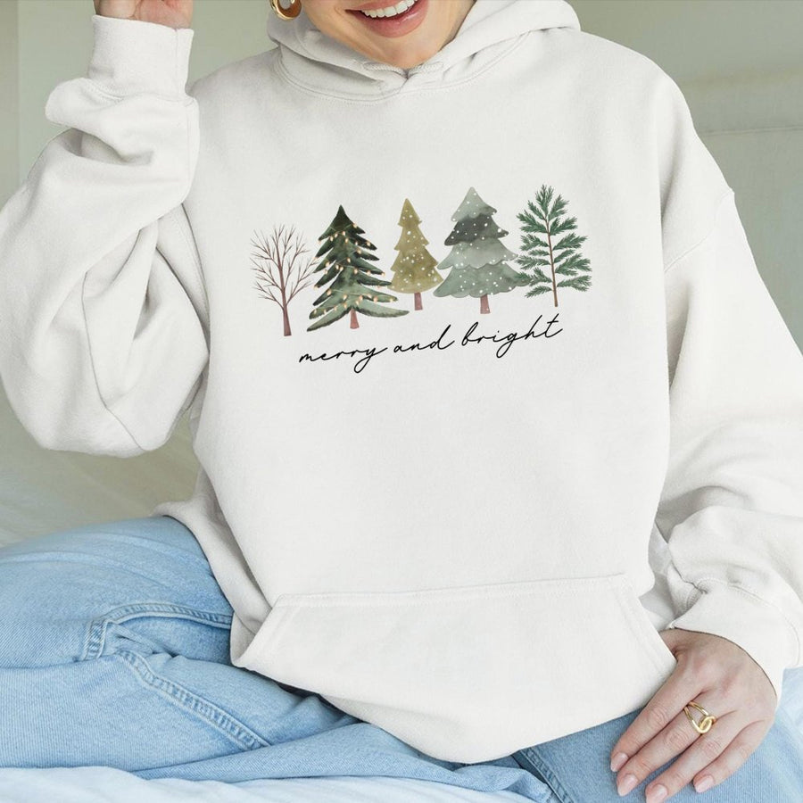 Merry and Bright Christmas Tree Hoodie | Minimalist Watercolor Holiday Graphic | Premium Cotton Blend | Cozy Gift for Her and Him