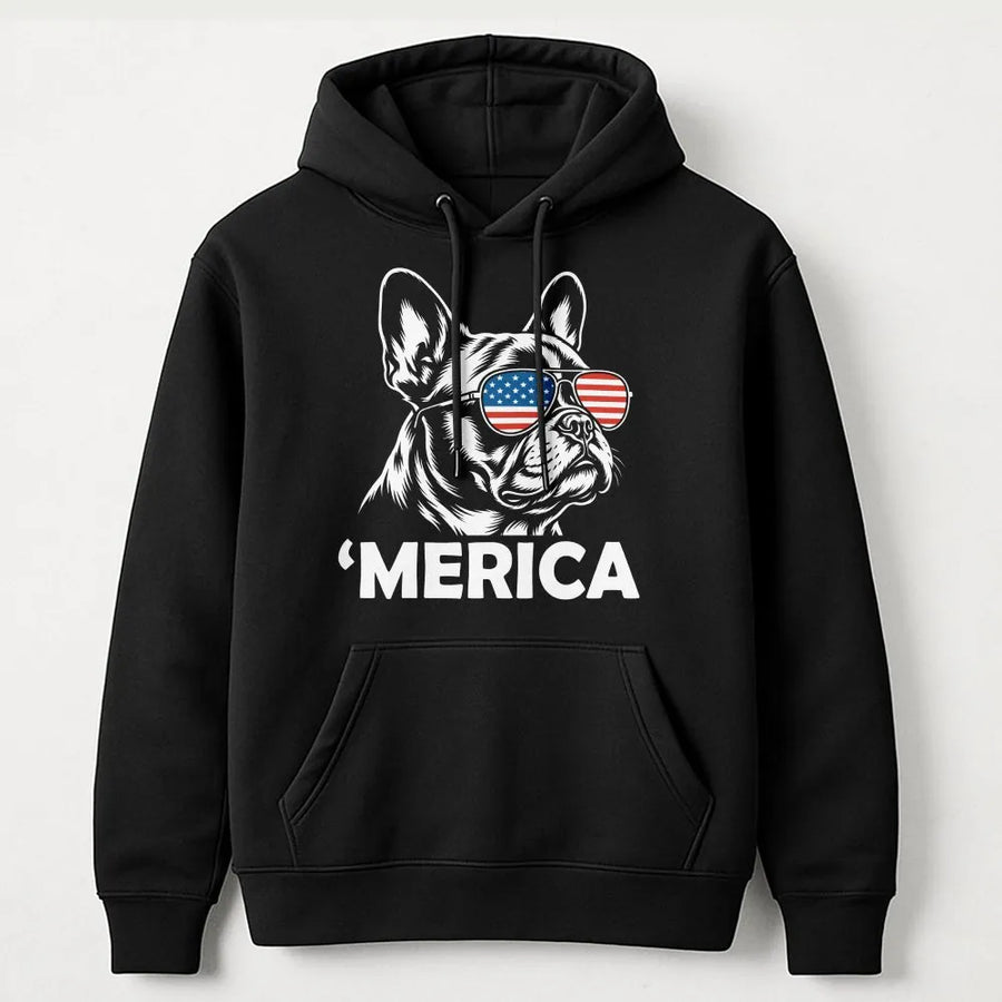 Merica French Bulldog Hoodie | Patriotic Dog with USA Flag Sunglasses | Premium Cotton Graphic Tee | Funny 4th of July Gift for Dog Lovers