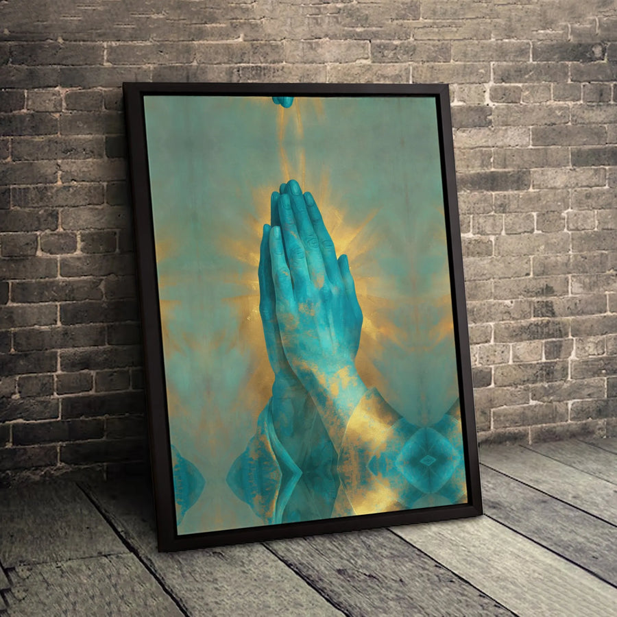 Praying Hands Canvas Wall Art | Turquoise and Gold Spiritual Decor | Premium 1.25 Inch Gallery Wrap | Religious Home and Office Gift
