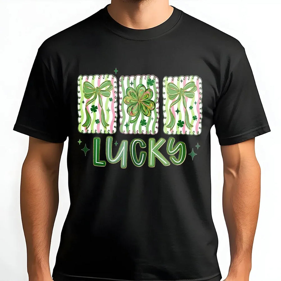 Lucky St. Patrick’s Day T-Shirt | Cute Bow & Shamrock Coquette Aesthetic Graphic | 100% Premium Cotton | Irish Festival Gift for Women
