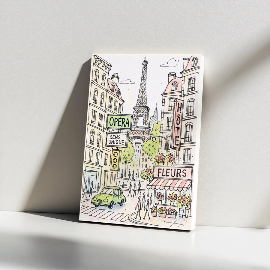 Paris Eiffel Tower Canvas Print | Whimsical Street Scene Watercolor Sketch | Premium Gallery-Wrapped Artwork | Romantic Travel Wall Decor Gift