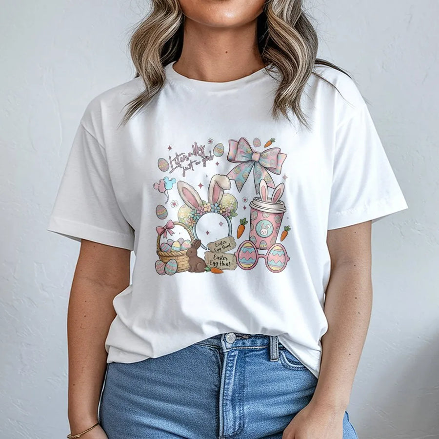 Easter Coquette T-Shirt | Floral Bunny and Eggs Graphic Art | 100% Soft Cotton Tee | Cute Spring Holiday Gift for Women