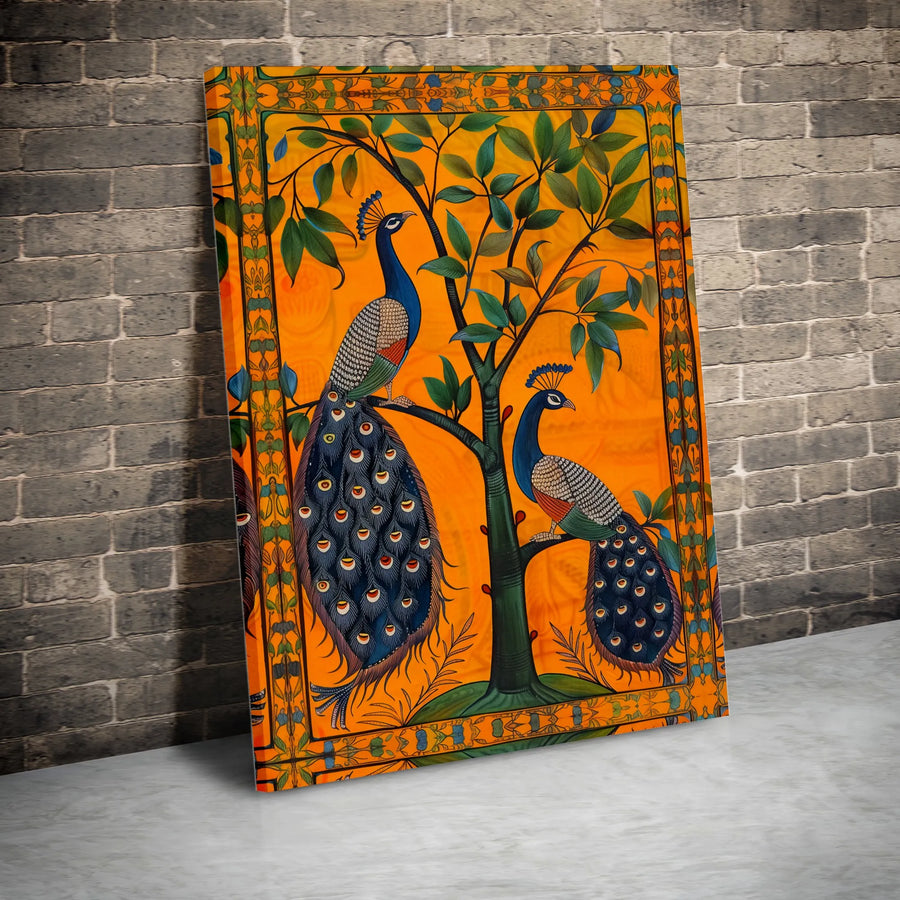 Indian Peacock Canvas Print | Vintage Folk Art Illustration | Premium Gallery Wrapped Canvas | Bohemian Home Decor Gift