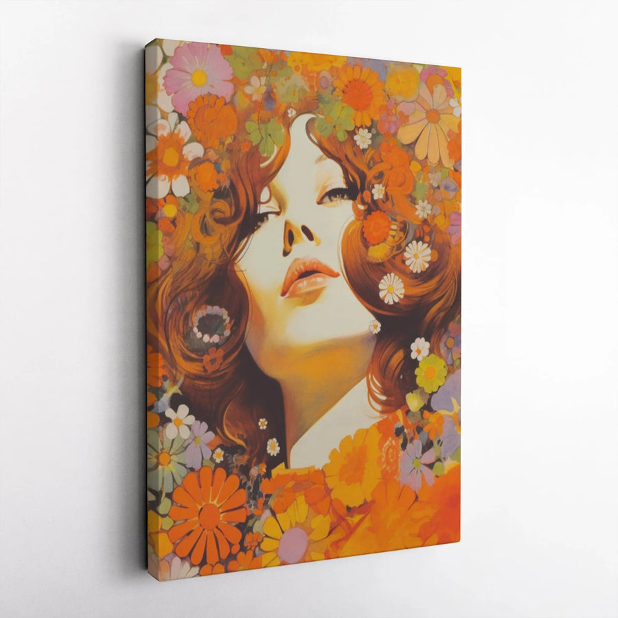 Retro 70s Flower Power Canvas Wall Art | Boho Floral Woman Portrait | Premium Gallery Wrap Decor | Gift for Hippie Aesthetic Lovers