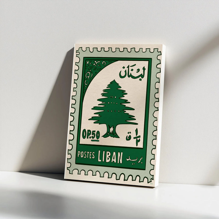 Lebanon Cedar Tree Wall Art | Vintage Postage Stamp Print | Premium Gallery Wrap Canvas | Lebanese Heritage Home Decor Gift