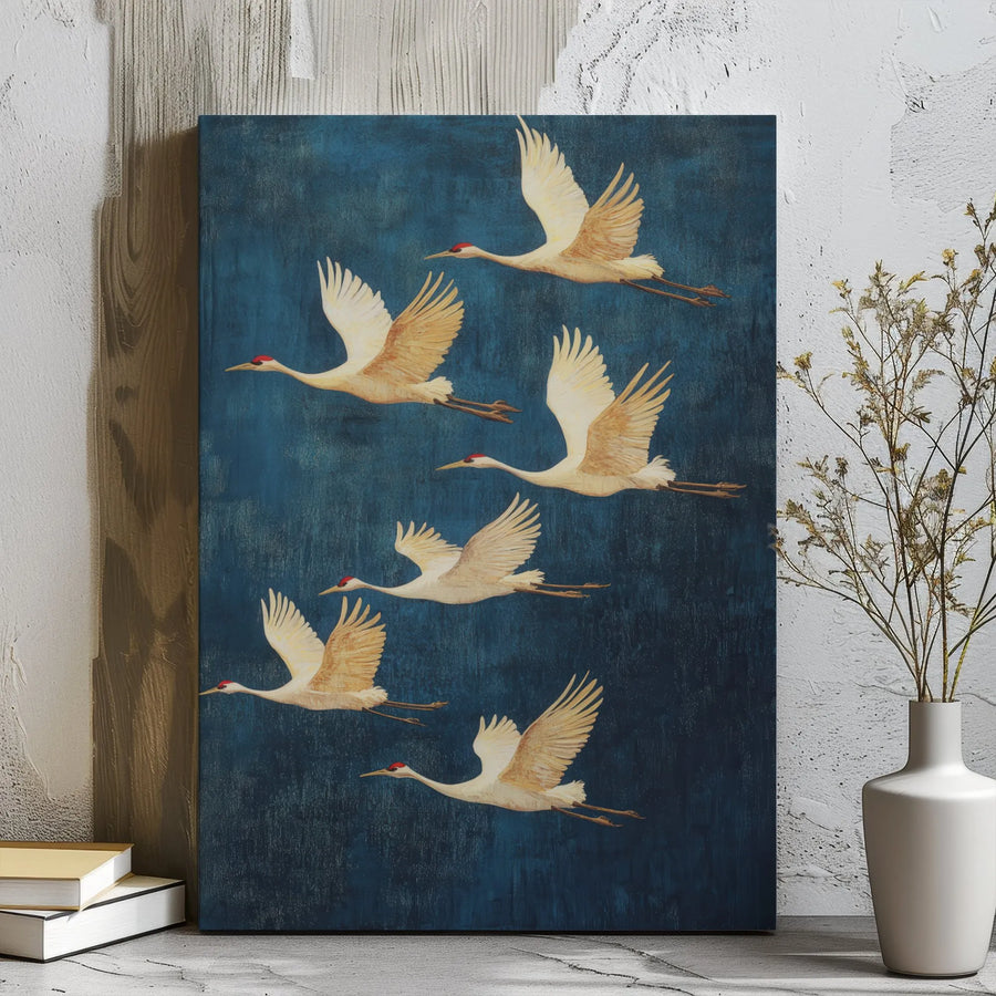 Japanese Red-Crowned Crane Wall Art | Vintage Style Flying Bird Print | Premium Gallery Wrap Canvas | Elegant Nature Home Decor Gift