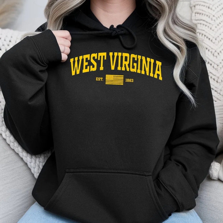 Vintage West Virginia Hoodie | Varsity Style Est. 1863 Graphic | Soft Cotton Blend Sweatshirt | State Pride Souvenir Gift for Men & Women