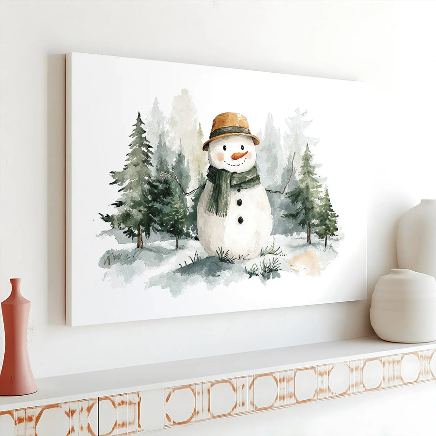 Watercolor Snowman Canvas Wall Art | Snowy Pine Forest Winter Scene | Premium 1.25” Gallery Wrap | Festive Holiday Home Decor Gift