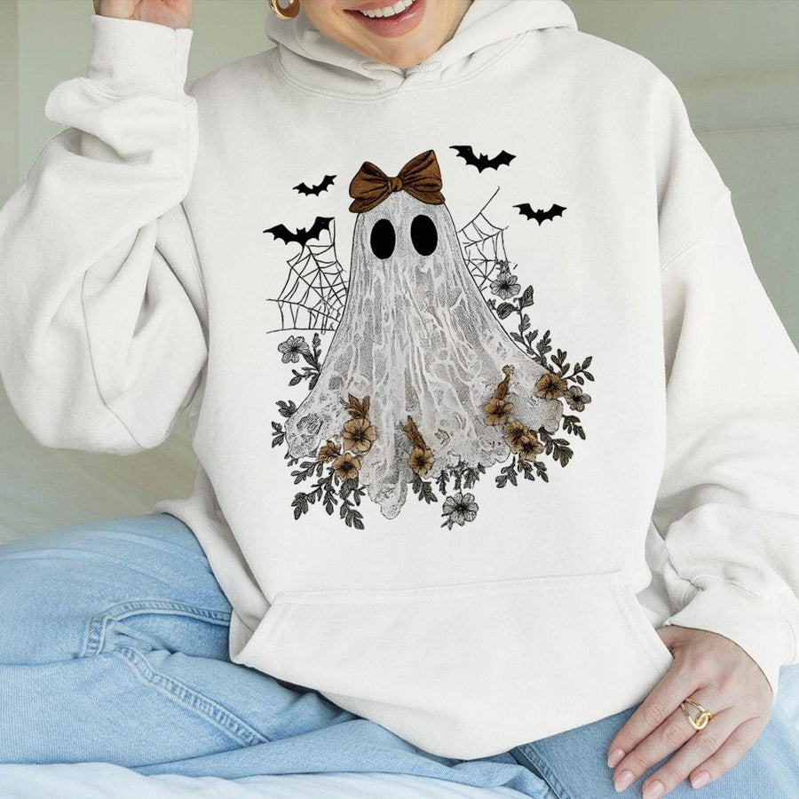 Cute Ghost Hoodie | Coquette Bow Graphic Halloween Sweatshirt | Premium Cotton-Blend Pullover | Spooky Aesthetic Gift for Her