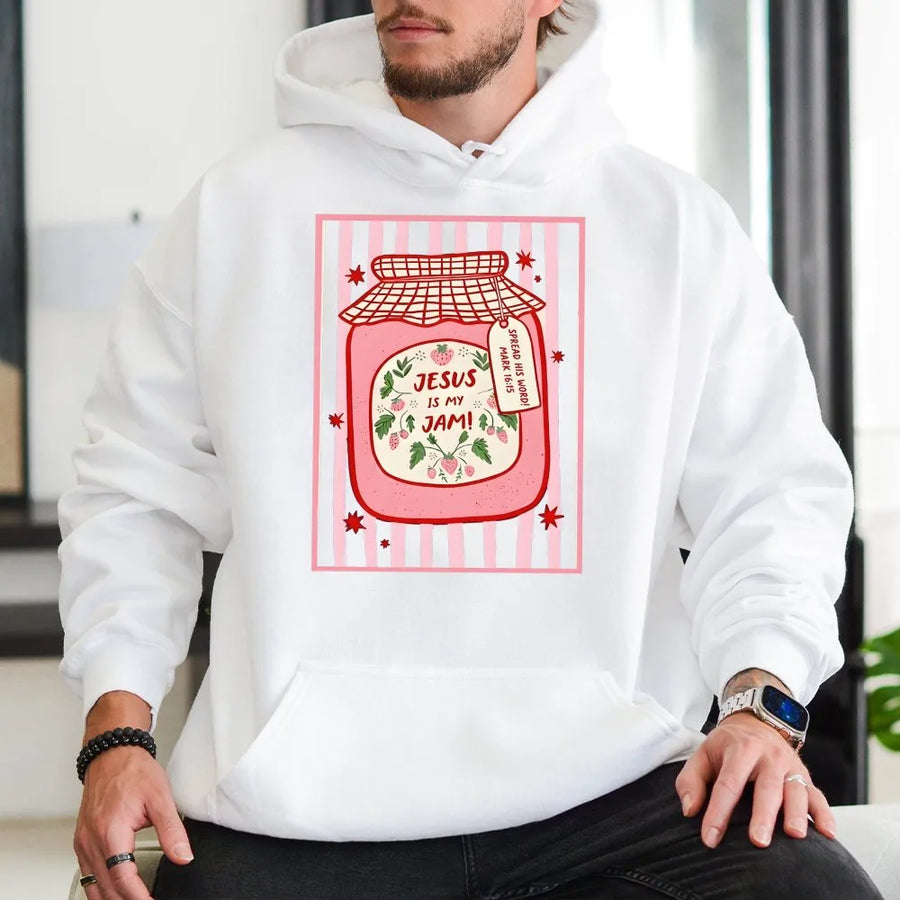 Jesus Is My Jam Hoodie | Cute Strawberry Jam Jar Graphic | Soft Cotton Blend Pullover | Faith Based Gift for Christian Women
