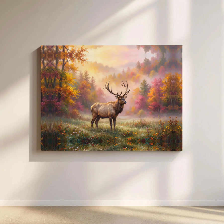 Majestic Elk Landscape Horizontal Canvas | Vibrant Autumn Forest Scene with Wild Deer | Fade-Resistant 1.25 Inch Gallery Wrap Premium Wall Art | Cozy Cabin Decor, Wilderness Gift for Nature Lovers