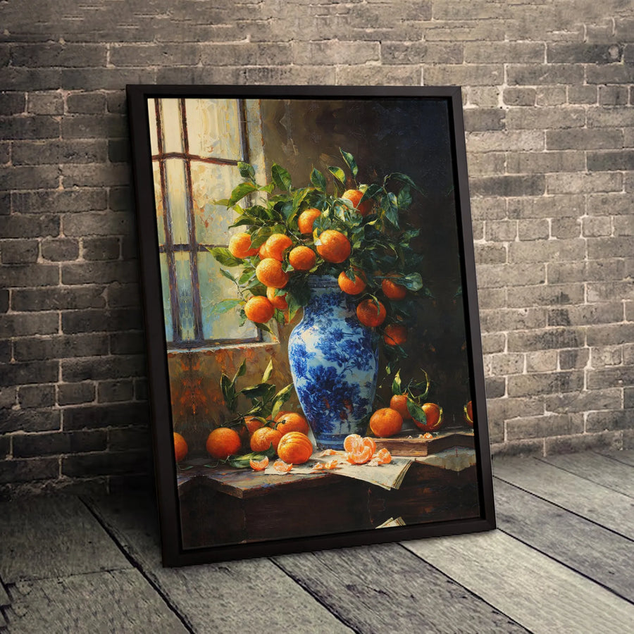 Still Life Oranges Canvas Print | Blue and White Vase Oil Painting Style | Gallery Quality Wall Art | Kitchen Decor or Dining Room Gift