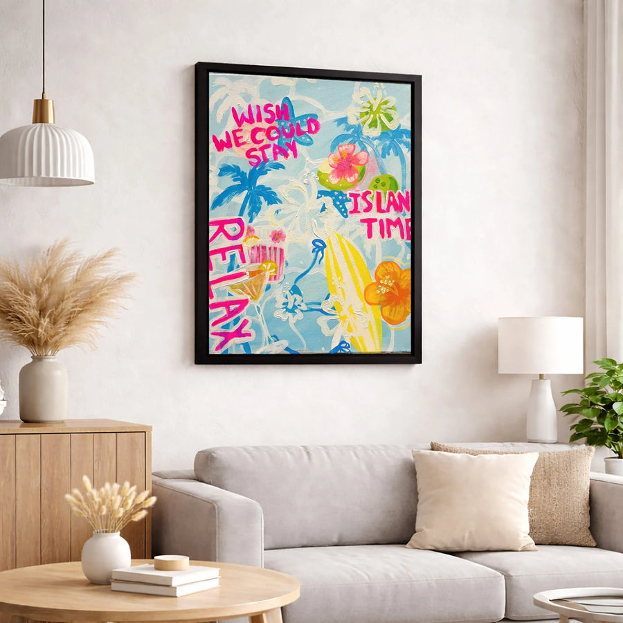 Tropical Beach Wall Art | Wish We Could Stay Surfboard Theme | Premium Fade-Resistant Canvas | Coastal Home Decor Gift for Summer Lovers