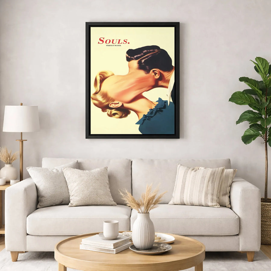 Surreal Kissing Couple Canvas Art | Vintage Romantic Soulmate Print | Premium Gallery Wrap Wall Decor | Unique Anniversary Gift For Couples