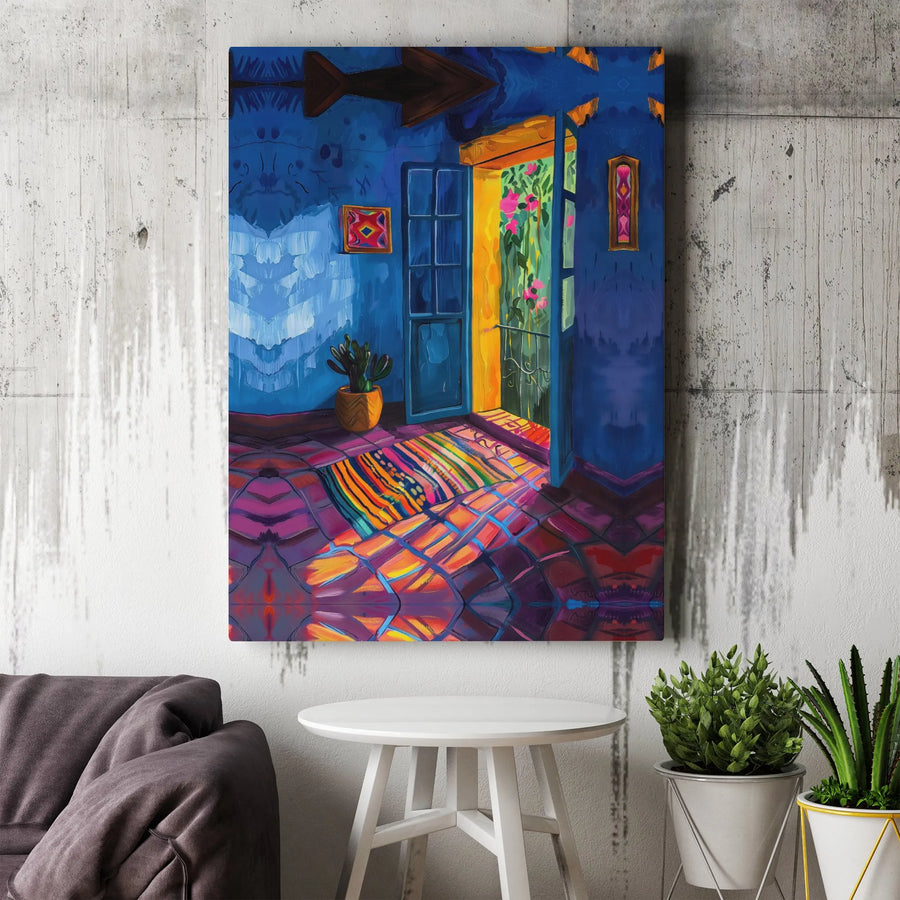 Mediterranean Room Canvas Wall Art | Vibrant Sunlit Open Door Interior | 1.25 Inch Gallery Wrap | Bohemian Home Decor Gift