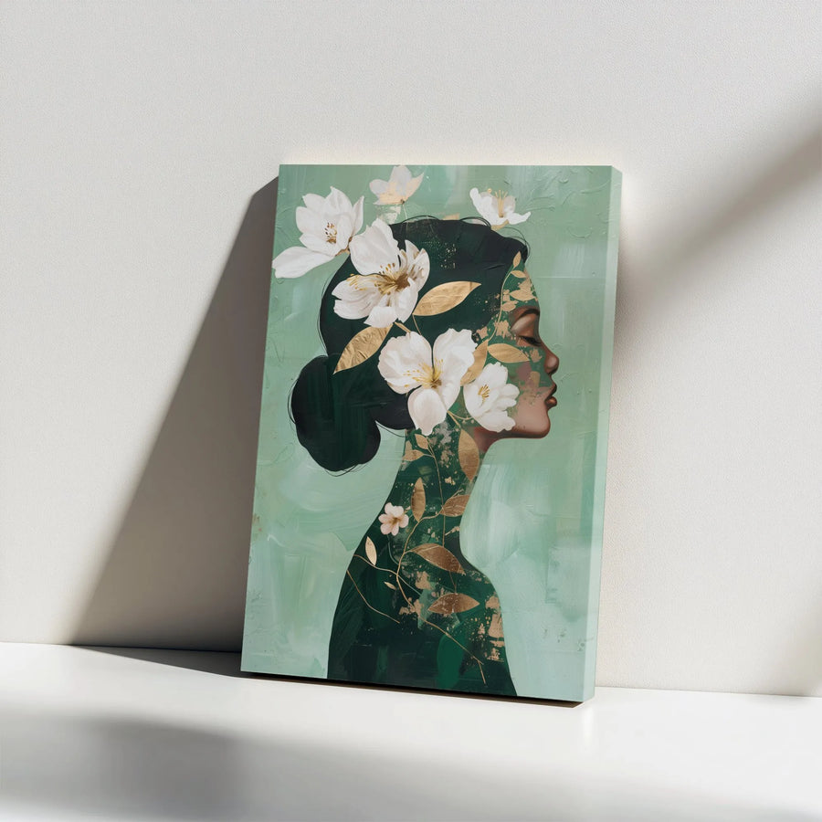 Black Woman Floral Vertical Canvas | Modern Botanical Portrait with Gold Accents | Premium Thick Gallery Wrap | Living Room Wall Art Gift for Her