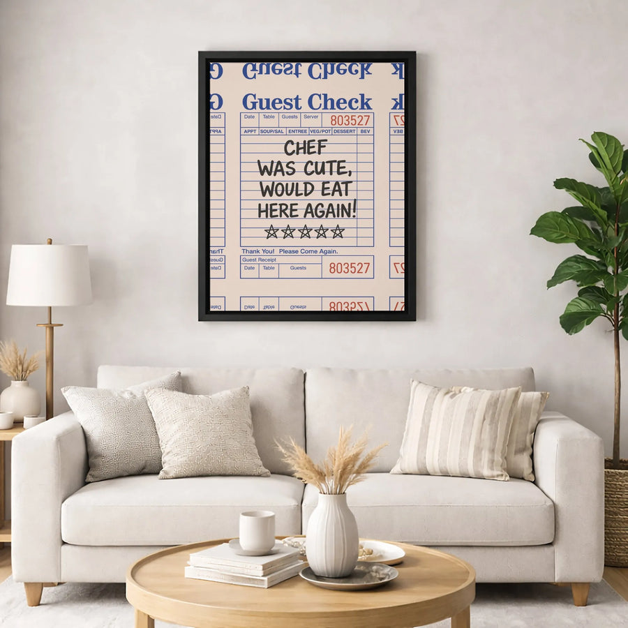 Chef Was Cute Would Eat Here Again Canvas | Funny Restaurant Guest Check Art | Premium 1.25 Inch Gallery Wrap | Kitchen Wall Decor Gift For Foodie