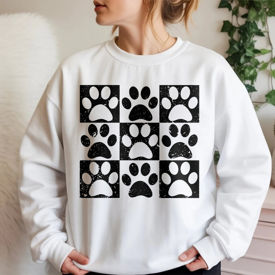 Paw Print Sweatshirt | Distressed Checkered Dog Cat Graphic | Premium Cotton Blend | Gift for Pet Lovers and Veterinarians