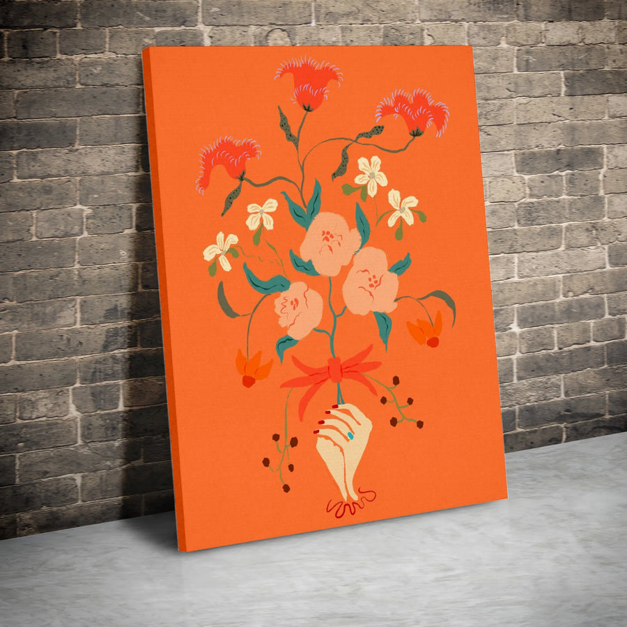 Hand Holding Flowers Vertical Canvas Print | Vibrant Retro Floral Bouquet Illustration | Premium High-Resolution Print | Modern Living Room Wall Art Gift