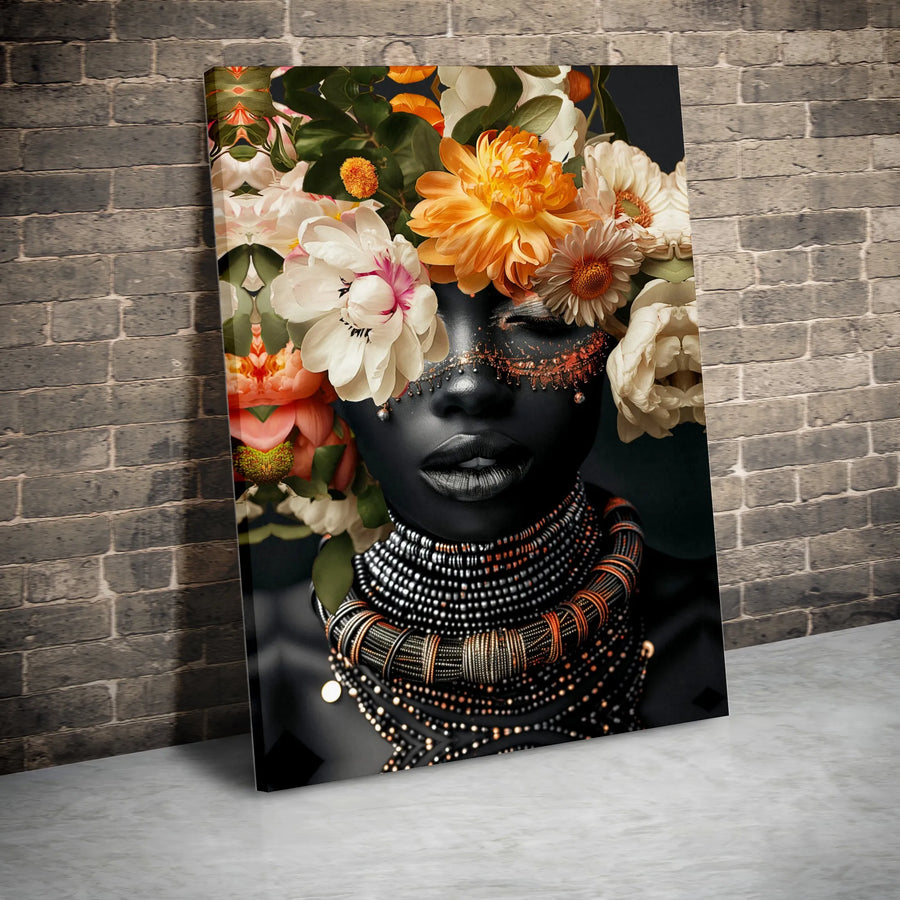 African Woman Portrait Wall Art | Floral Headdress & Beaded Jewelry Design | Premium Gallery-Wrapped Canvas | Elegant Home Decor Gift