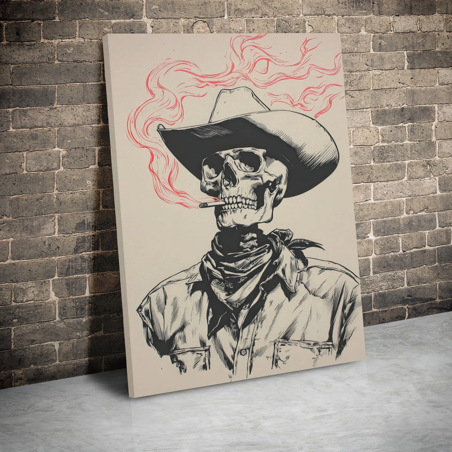 Skeleton Cowboy Canvas Wall Art | Smoking Skull Western Decor | Premium Gallery Wrap Print | Edgy Gothic Home Office Gift