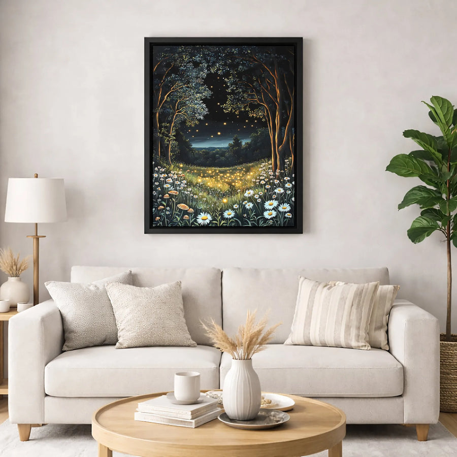 Magical Forest Canvas Print | Glowing Fireflies and Daisies Art | Premium Gallery-Wrapped Wall Decor | Enchanted Nature Landscape Gift