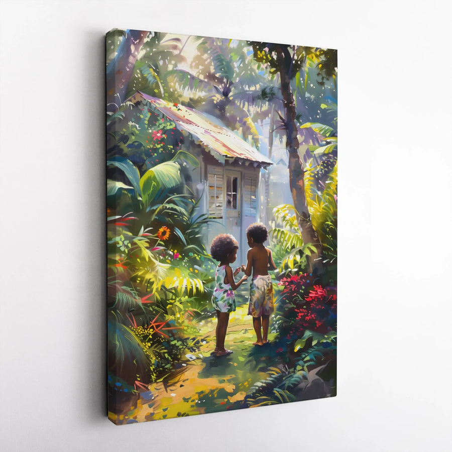 Black Children Canvas Wall Art | Tropical Jungle Garden Painting | Premium Gallery Wrap Print | Whimsical Nursery Decor & Meaningful Gift