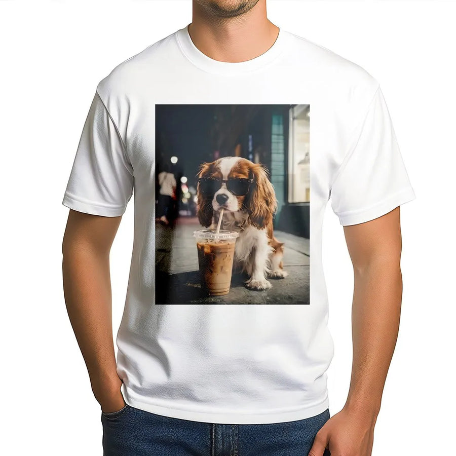 Cavalier King Charles Spaniel T-Shirt | Funny Dog with Sunglasses | Premium Cotton Blend | Gift for Dog Mom, Iced Coffee Lover Sweatshirt