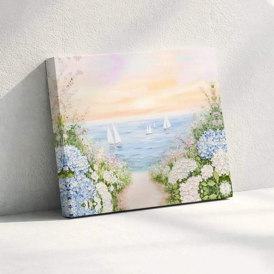 Coastal Seascape Canvas Art | Sailboats and Hydrangea Flowers | Premium Fade-Resistant Gallery Wrap | Elegant Home Decor Wall Print