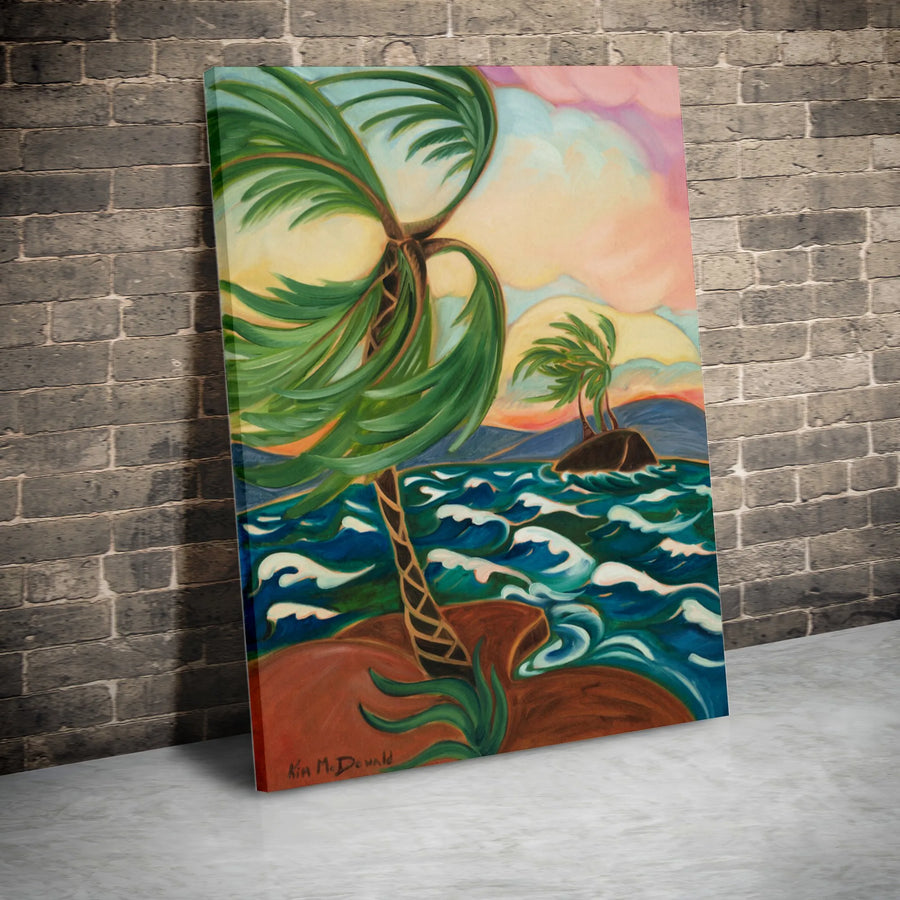 Maui Tradewinds Vertical Canvas | Vibrant Tropical Palm Tree Seascape | Premium Gallery Wrapped Wall Art | Coastal Home Decor Gift for Beach Lovers