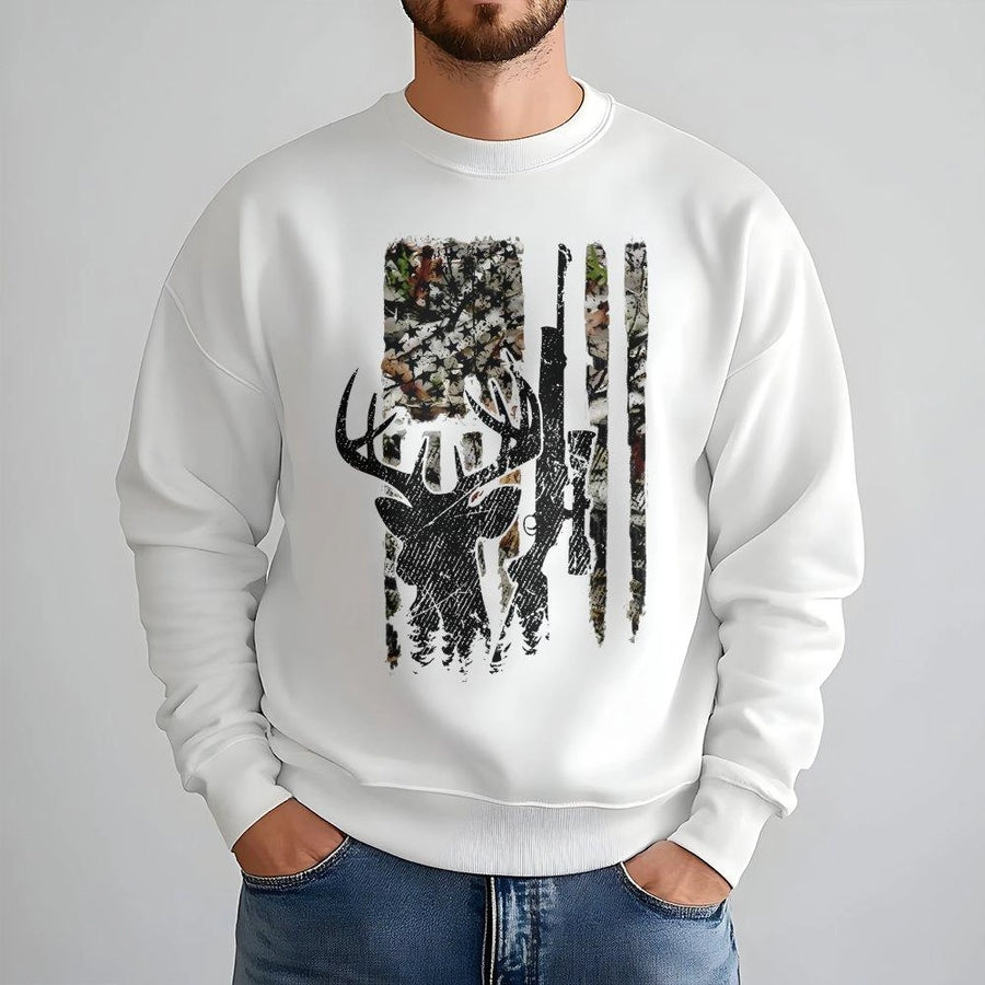 Deer Hunting American Flag Sweatshirt | Camo Buck Rifle Design | Premium Cotton Blend | Gift for Hunter and Outdoorsman