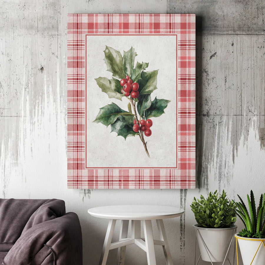 Christmas Holly Canvas Wall Art | Watercolor Berries Red Plaid Border | Premium Gallery Wrap Print | Festive Holiday Home Decor Gift