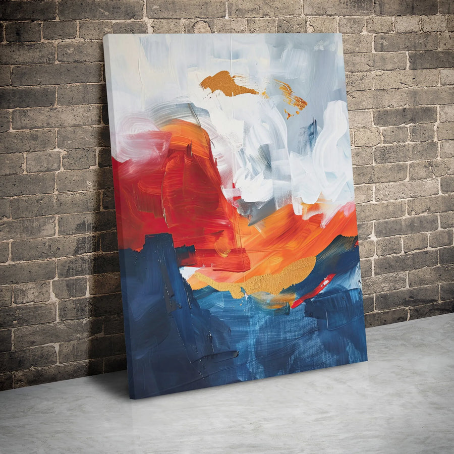 Modern Abstract Canvas Wall Art | Vibrant Blue Red & Gold Brushstrokes | Premium Gallery Wrapped Decor | Contemporary Home Office Statement Piece