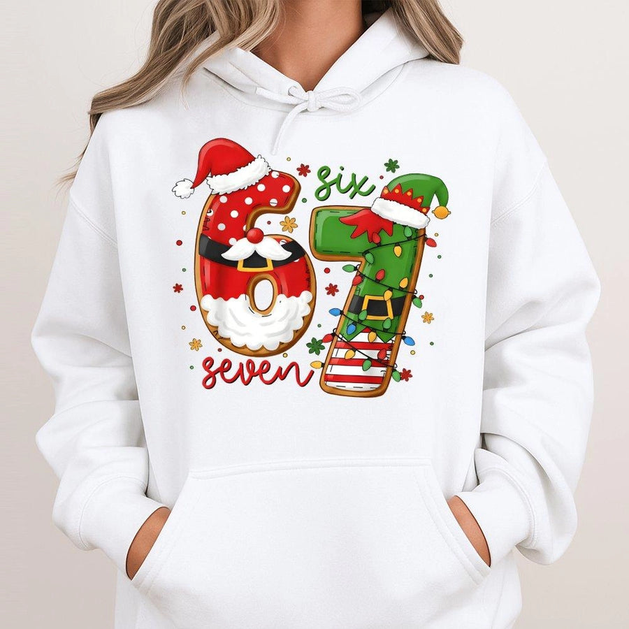 67 Christmas Hoodie | Funny Santa and Elf Number Graphic | Cotton-Blend Premium Apparel | Unisex Holiday Gift for Birthday or Party