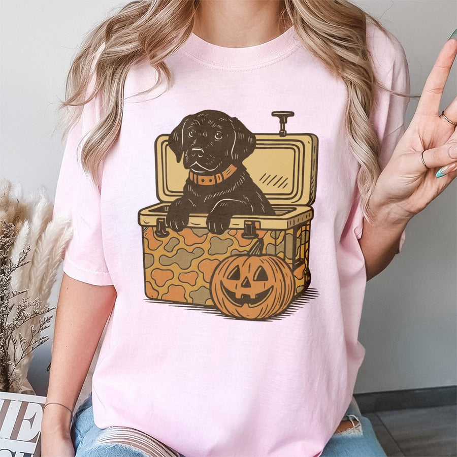 Black Lab Halloween T-Shirt | Cute Puppy in Camo Cooler Graphic | Premium 100% Cotton Tee | Spooky Fall Gift for Dog Lovers and Hunters