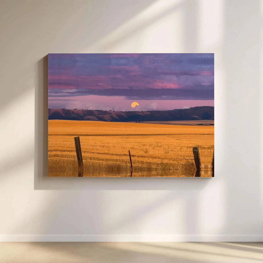 Rural Landscape Wall Art | Moonrise Over Golden Field Canvas Print | 1.25-Inch Gallery Wrap | Farmhouse Home Decor for Living Room