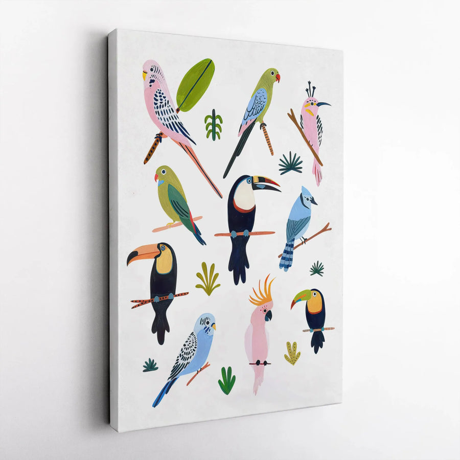 Tropical Birds Vertical Canvas | Colorful Exotic Bird Collection Print | Premium Gallery Wrap Wall Art | Modern Nursery Decor Gift for Bird Lover