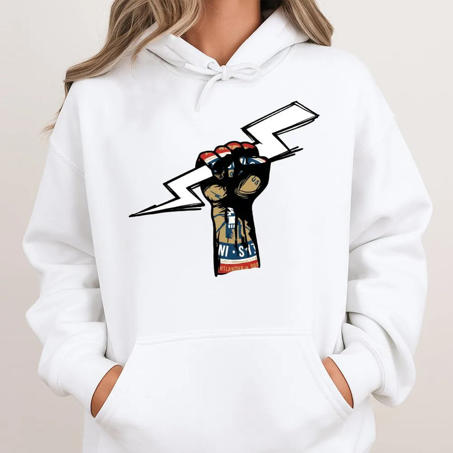 Lineman Hoodie | American Worker Power Fist Lightning Bolt Graphic | Premium Cotton Blend | Gift For Utility Electrician Technician