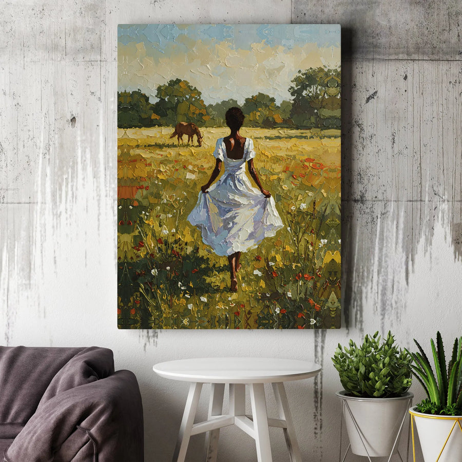 Black Woman in Field Canvas Art | Impressionist Painting Print | Thick Gallery Wrap Wall Decor | Rustic Farmhouse Living Room Gift