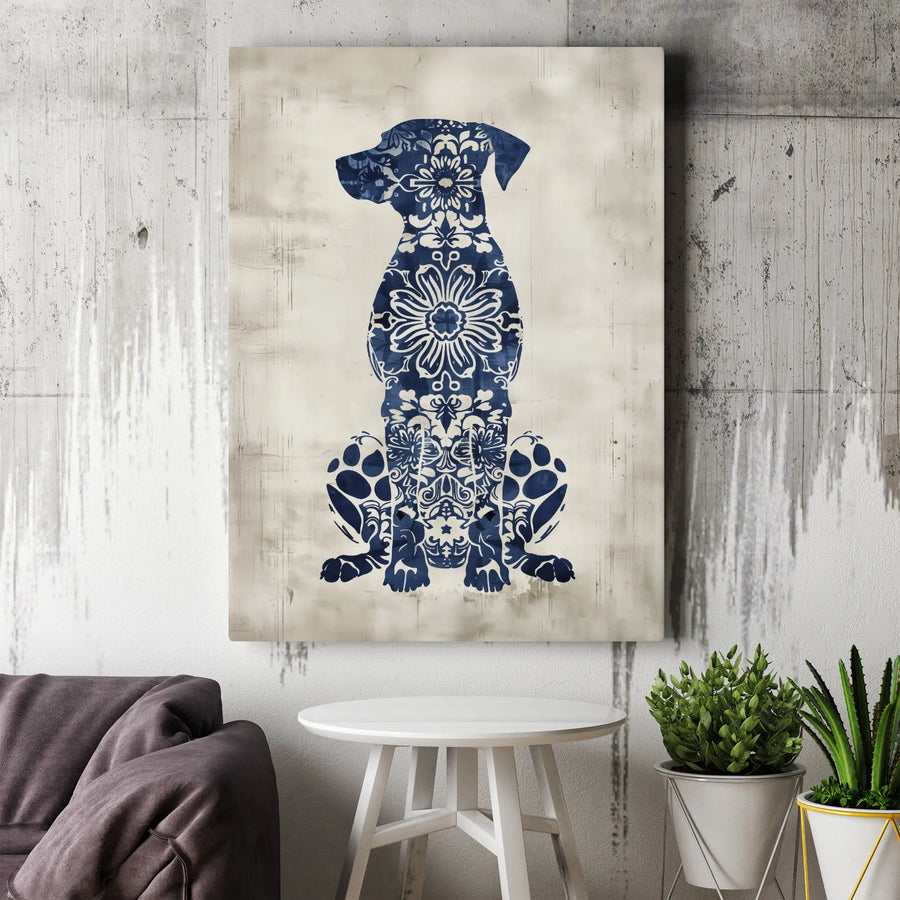 Floral Dog Silhouette Vertical Canvas | Blue Damask Pattern Pet Art | Premium 1.25" Thick Print | Gift for Dog Lovers & Pet Owners