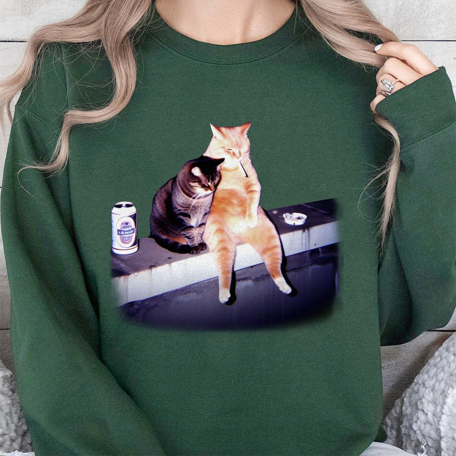 Smoking Cat Sweatshirt | Funny Retro Graphic Animal Print | Premium Cotton Blend Crewneck | Gift for Cat Lovers & Meme Enthusiasts