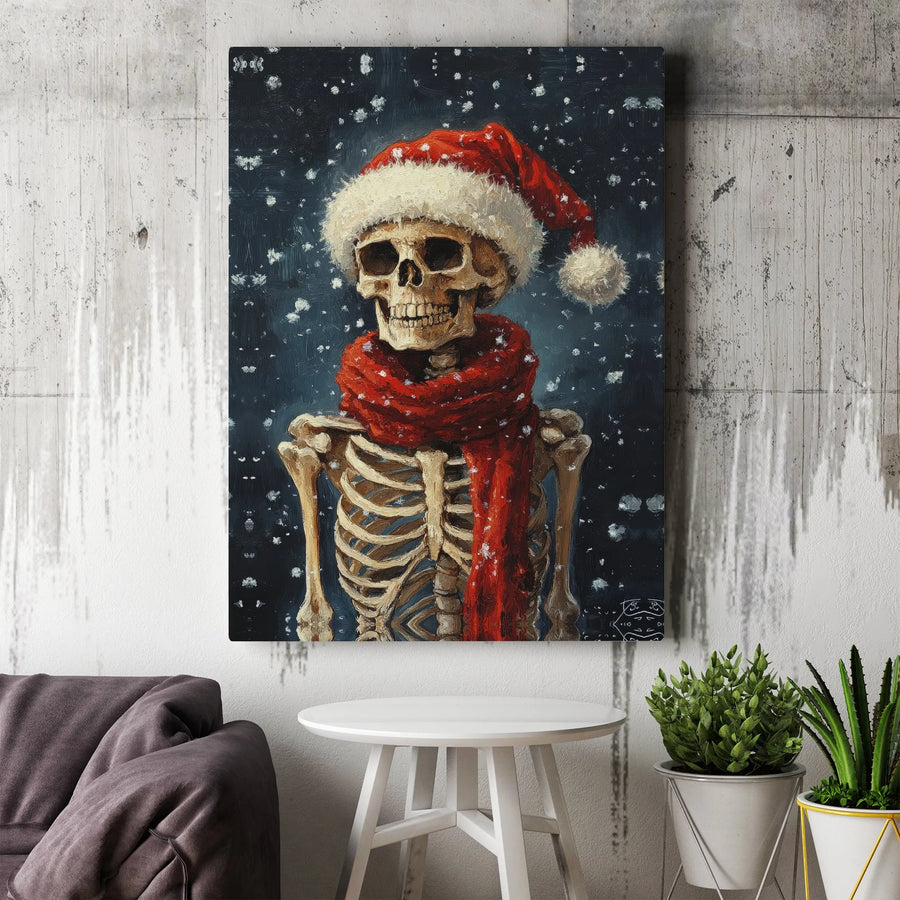 Christmas Skeleton Canvas Wall Art | Santa Hat and Red Scarf Holiday Decor | Fade-Resistant Gallery-Quality Print | Festive Gothic Home Gift