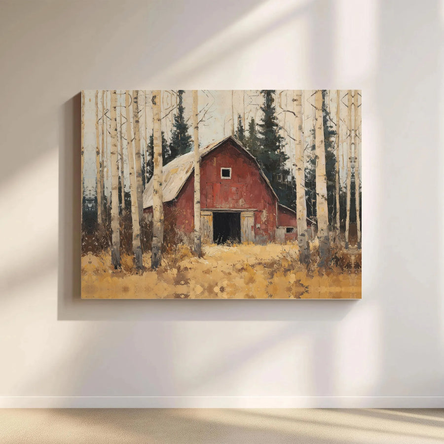 Rustic Red Barn Canvas Wall Art | Impressionist Birch Tree Forest Painting | Premium Gallery Wrapped Art | Country Home Decor Gift