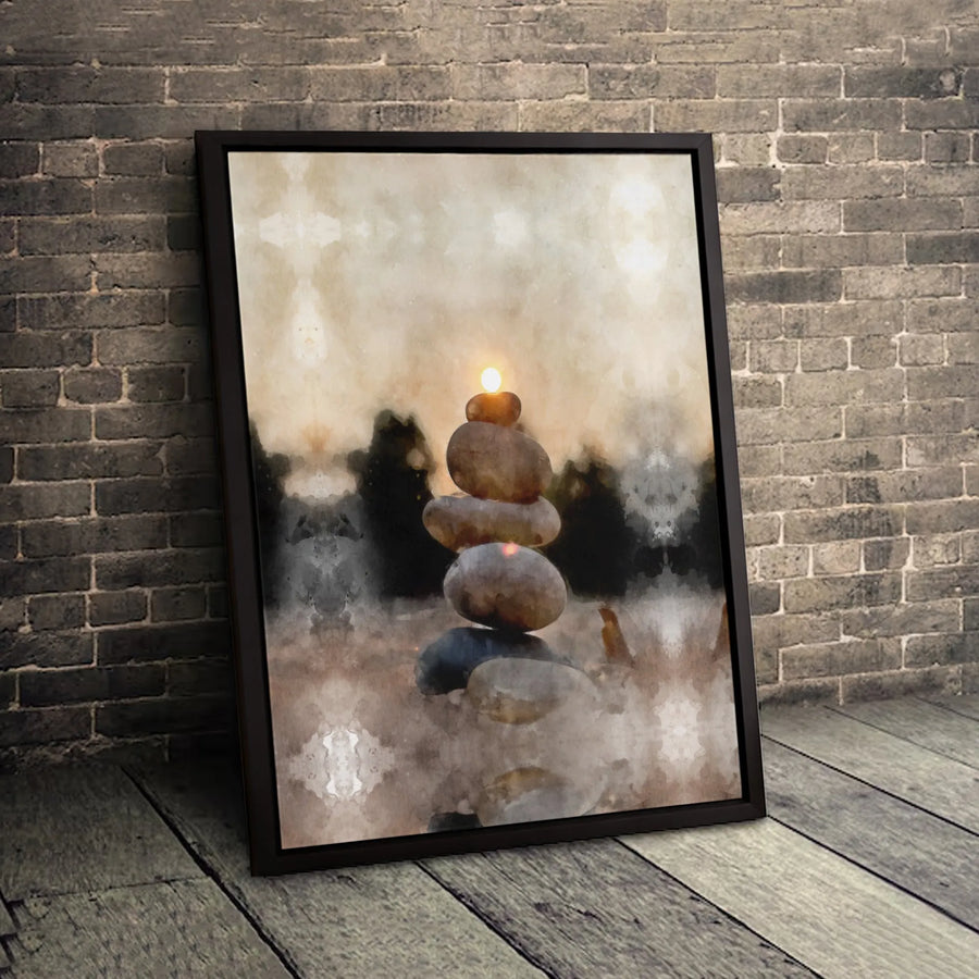 Zen Stone Stacking Canvas Art | Calming Sunset Watercolor Wall Decor | Premium Fade-Resistant Print | Minimalist Living Room Home Office Gift