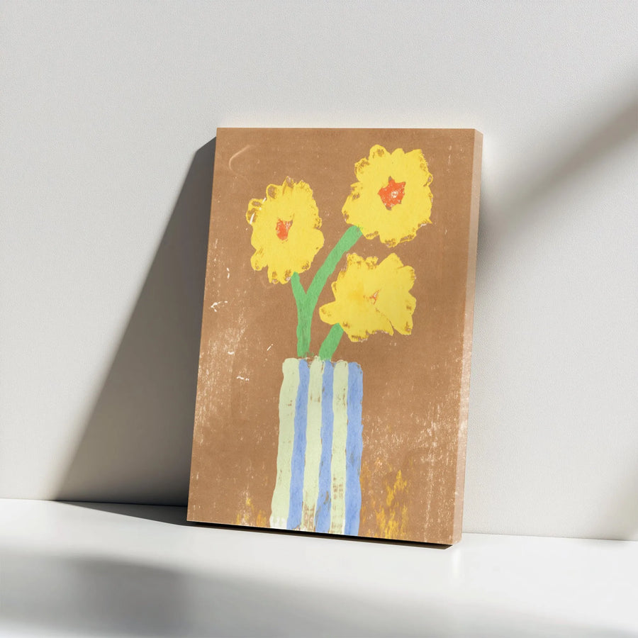 Sunflower Canvas Wall Art | Naive Style Folk Art Flower Painting in Striped Vase | Premium Gallery Wrapped Canvas | Modern Farmhouse Decor Gift
