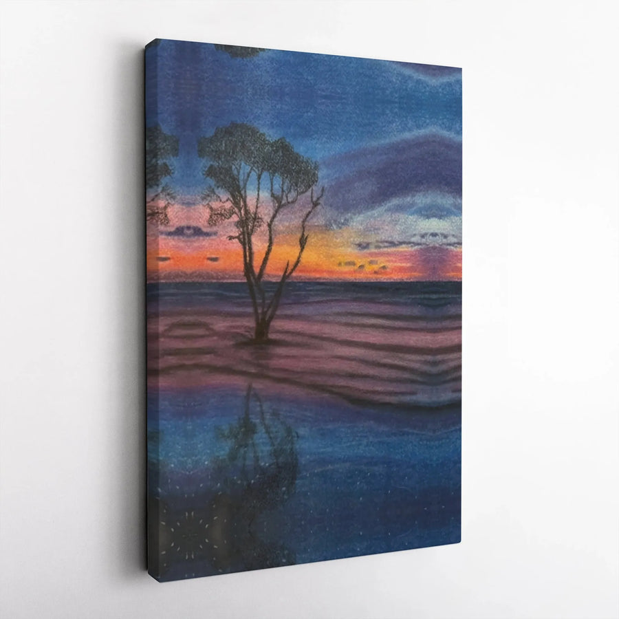Lone Tree Sunset Canvas Print | Tranquil Water Reflection Wall Art | Premium Gallery Wrapped Decor | Serene Nature Landscape for Home or Office